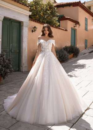 Off Shoulder Beaded Ivory Lace Champagne Tulle Romantic Wedding Dress